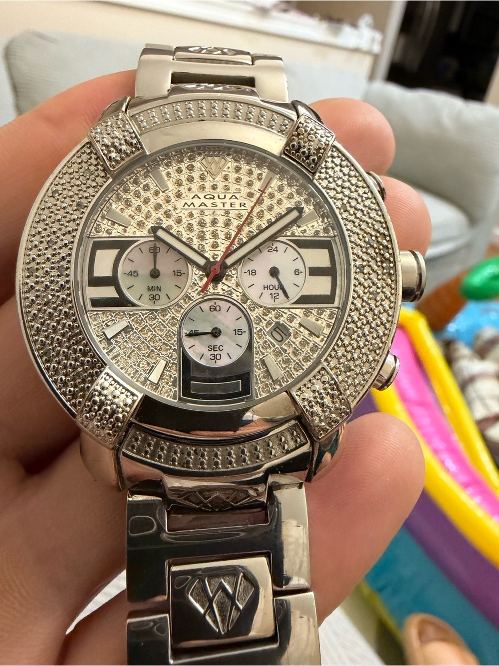 Aqua Master W-96 Men's Chronograph Diamond Dial Stainless Steel Watch 45mm